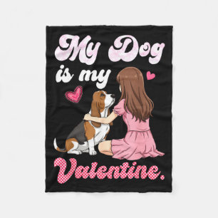 Cute girl with dog is valentine basset hound momCu Fleece Blanket