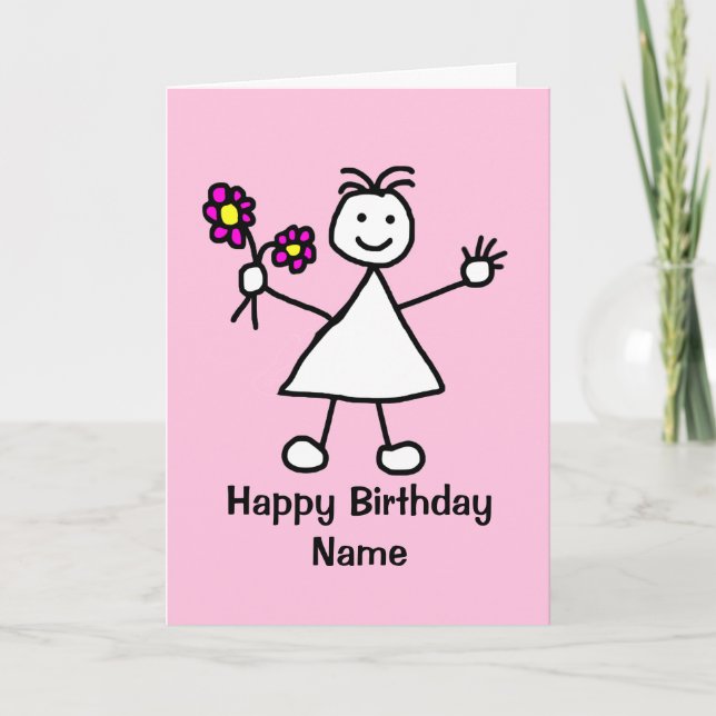 Cute Girl with Flowers Birthday Card (Front)