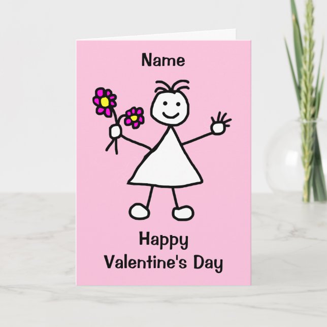 Cute Girl with Flowers Valentines Day Card (Front)
