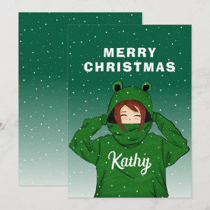 Cute Girl with Green Frog Hoodie Drawing Christmas Holiday Card