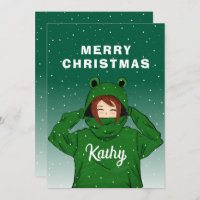 Cute Girl with Green Frog Hoodie Drawing Christmas