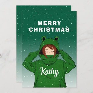 Cute Girl with Green Frog Hoodie Drawing Christmas Holiday Card