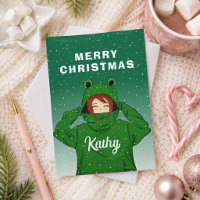 Cute Girl with Green Frog Hoodie Drawing Christmas
