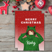 Cute Girl with Green Frog Hoodie Drawing Christmas