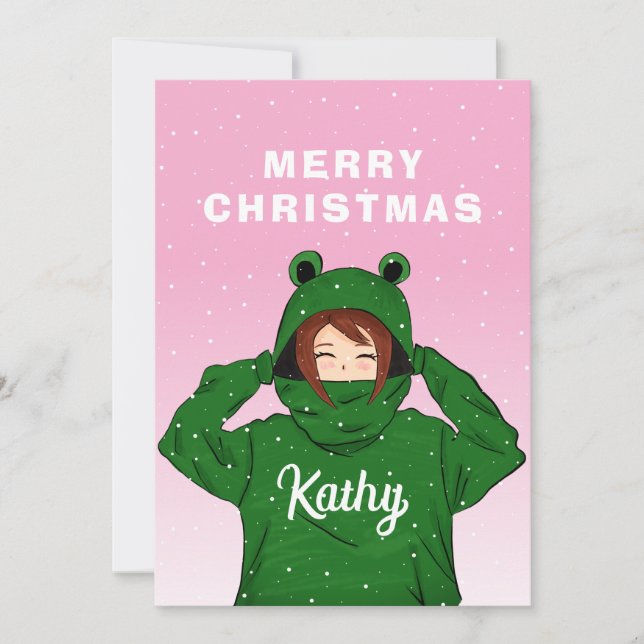 Cute Girl with Green Frog Hoodie Drawing Christmas Holiday Card (Front)