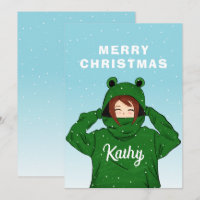 Cute Girl with Green Frog Hoodie Drawing Christmas