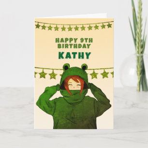 Cute Girl with Green Frog Hoody Drawing Birthday Card