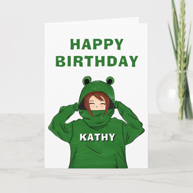 Cute Girl with Green Frog Hoody Drawing Birthday  Card (Front)