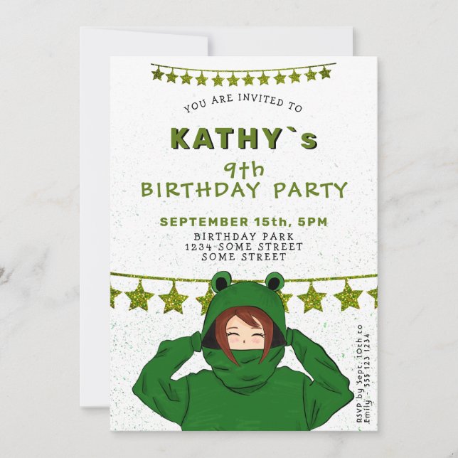 Cute Girl with Green Frog Hoody Drawing Birthday I Invitation (Front)