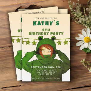 Cute Girl with Green Frog Hoody Drawing Birthday  Invitation