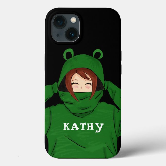 Cute Girl with Green Frog Hoody Drawing Black  Case-Mate iPhone Case (Back)