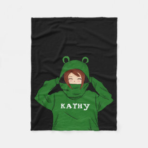 Cute Girl with Green Frog Hoody Drawing Black Fleece Blanket