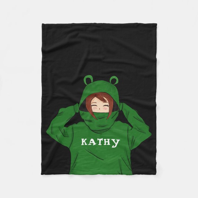 Cute Girl with Green Frog Hoody Drawing Black Fleece Blanket (Front)