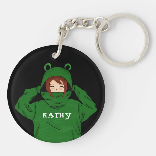 Cute Girl with Green Frog Hoody Drawing Black Key Ring (Back)