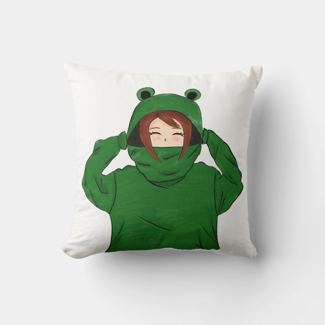 Cute Girl with Green Frog Hoody Drawing Cushion (Front)