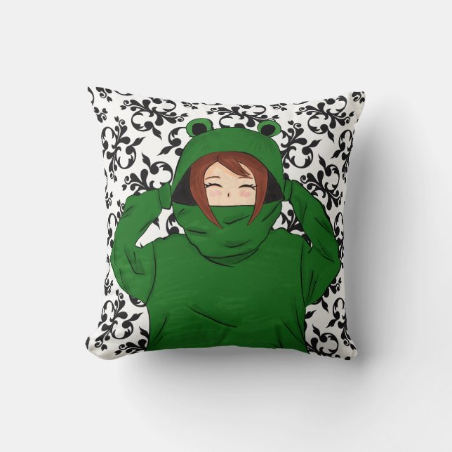 Cute Girl with Green Frog Hoody Drawing Cushion (Front)