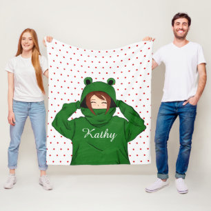 Cute Girl with Green Frog Hoody Drawing Fleece Blanket