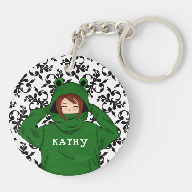 Cute Girl with Green Frog Hoody Drawing  Key Ring (Back)