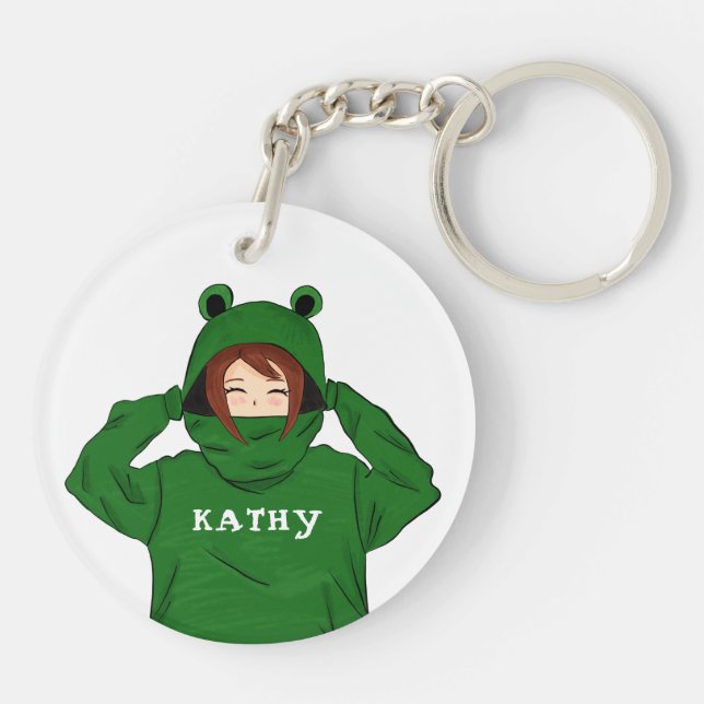 Cute Girl with Green Frog Hoody Drawing  Keychain (Back)