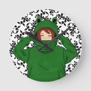 Cute Girl with Green Frog Hoody Drawing Round Clock