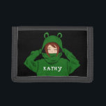 Cute Girl with Green Frog Hoody Drawing Trifold Wallet<br><div class="desc">Cute Girl with Green Frog Hoody Drawing Wallet. A cute drawing of a girl wearing a green frog hoody. Fun design for a girl. Add your name or erase it.</div>