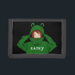 Cute Girl with Green Frog Hoody Drawing Trifold Wallet<br><div class="desc">Cute Girl with Green Frog Hoody Drawing Wallet. A cute drawing of a girl wearing a green frog hoody. Fun design for a girl. Add your name or erase it.</div>