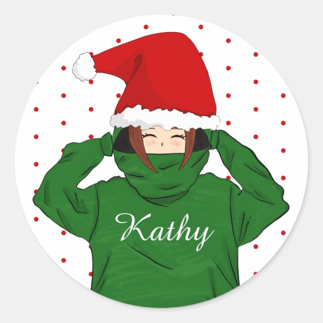 Cute Girl with Green Hoodie Santa Hat Christmas Classic Round Sticker (Front)