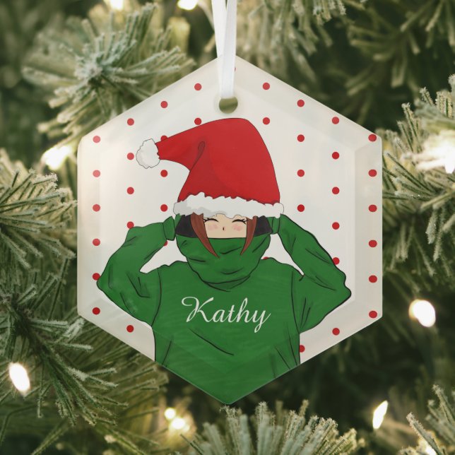 Cute Girl with Green Hoody Santa Hat Christmas Glass Tree Decoration (Insitu)