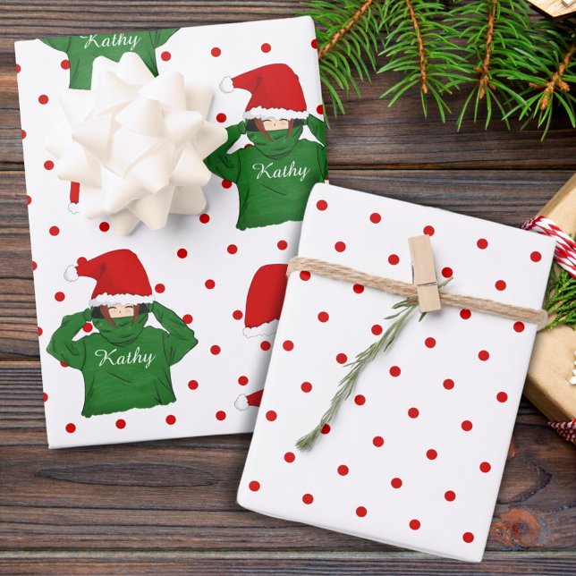 Cute Girl with Green Hoody Santa Hat Christmas Wrapping Paper Sheet (Creator Uploaded)