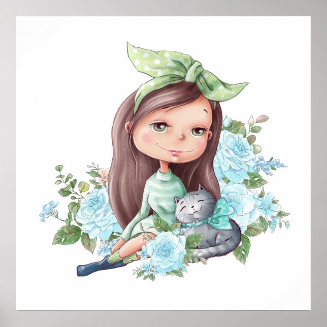 Cute Girl with Grey Cat Flowers Poster (Front)