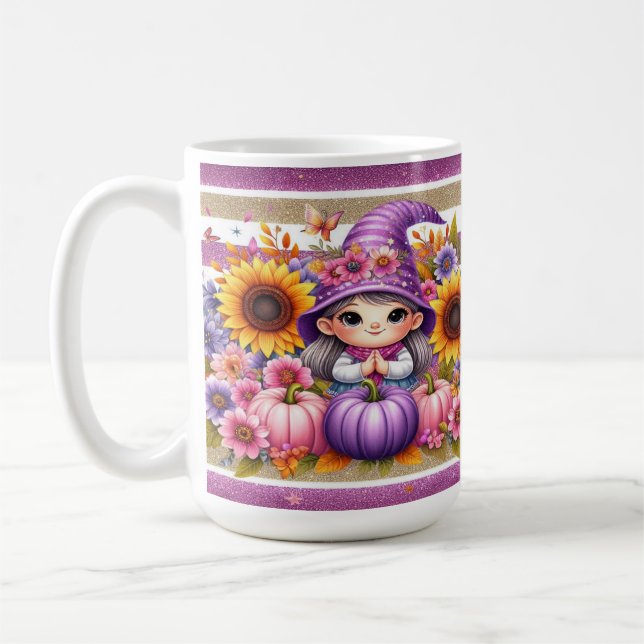 Cute Girl With Hat With Colourful Flowers, Pumpkin Coffee Mug (Left)