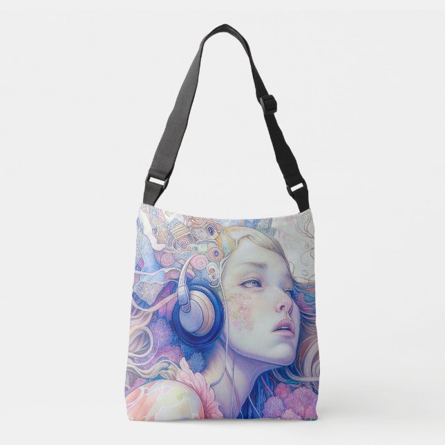 Cute Girl with Headphone Music Modern  Artwork | Crossbody Bag (Front)