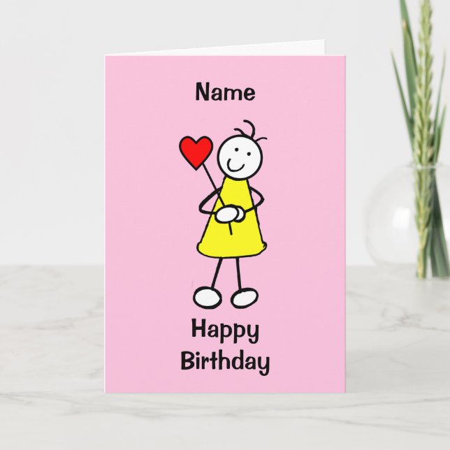 Cute Girl with Heart Cartoon Birthday Card (Front)