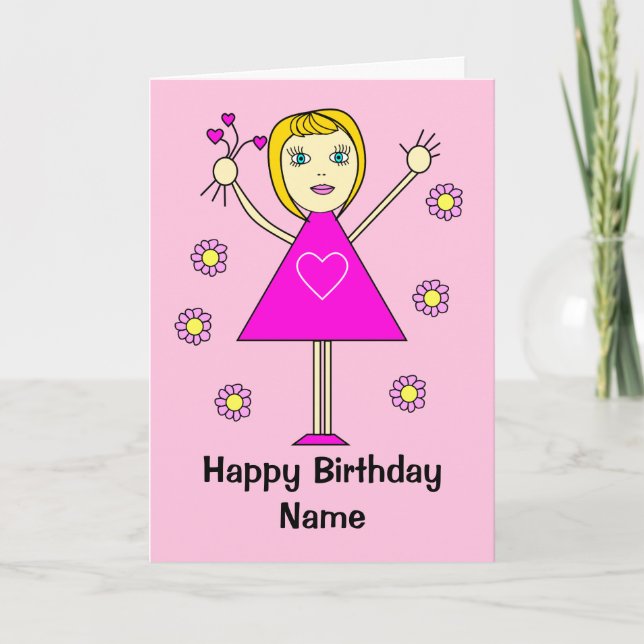 Cute Girl with Hearts Pink Cartoon Birthday Card (Front)