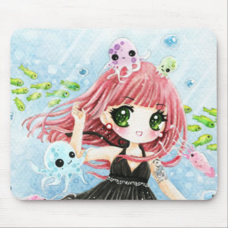 Cute girl with kawaii octopus and fish mouse mat