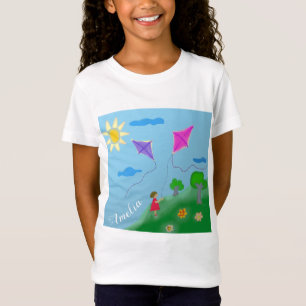 Cute Girl with Kites Kids drawing T-Shirt