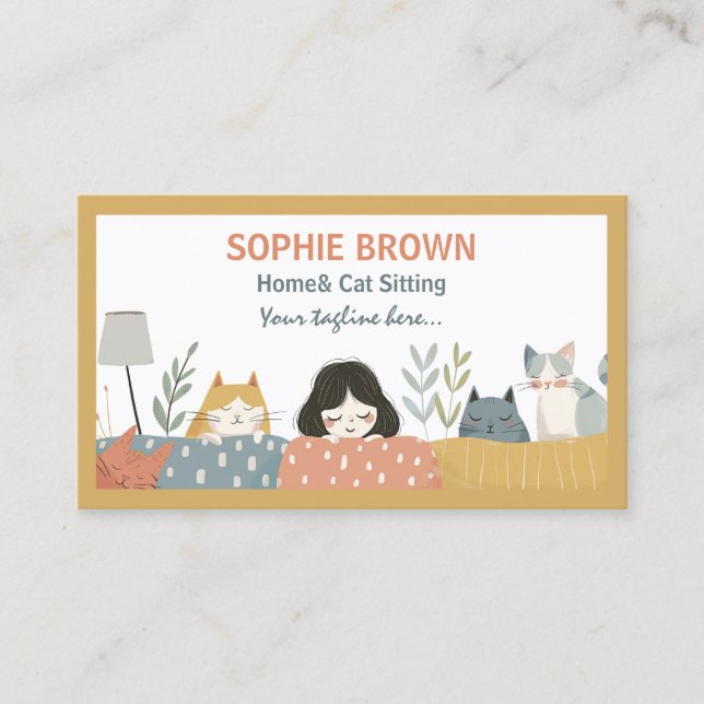 Cute Girl with Kittens Cat Pet and Home Sitting  Business Card (Front)