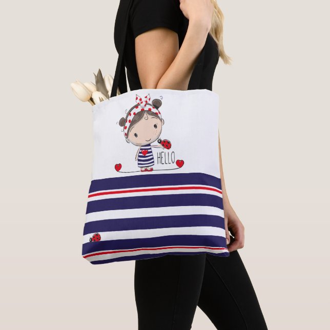 Cute Girl with Ladybird Art Striped Kids Tote Bag (Close Up)