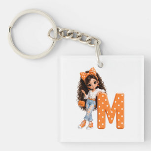 Cute Girl with Letter M Throw Blanket Key Ring