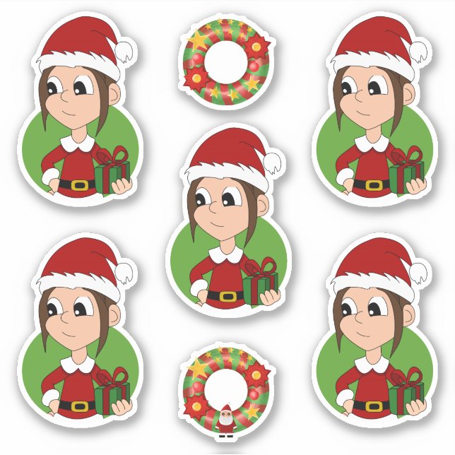 Cute girl with long brown hair Christmas cartoon S (Front)
