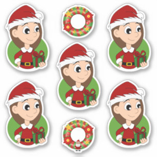 Cute girl with long brown hair holiday cartoon sti