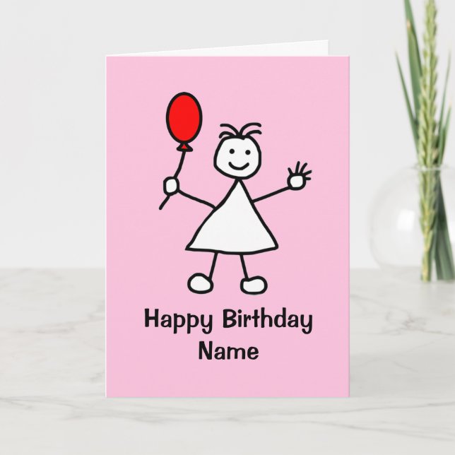 Cute Girl with Red Inflatable Balloon Pink Cartoon Card (Front)