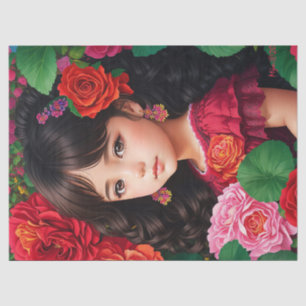 Cute Girl With Red Pink Rose Flowers Decoupage Tissue Paper