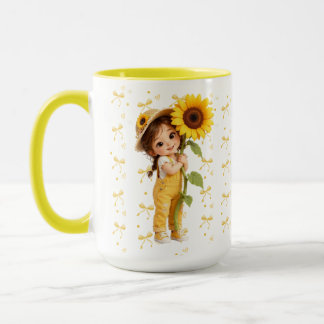 Cute Girl with Sunflower Custom Mug | Yellow Flora