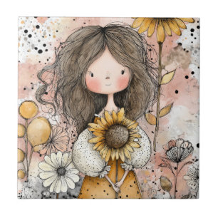 Cute Girl with Sunflower in Mustard Yellow Tile