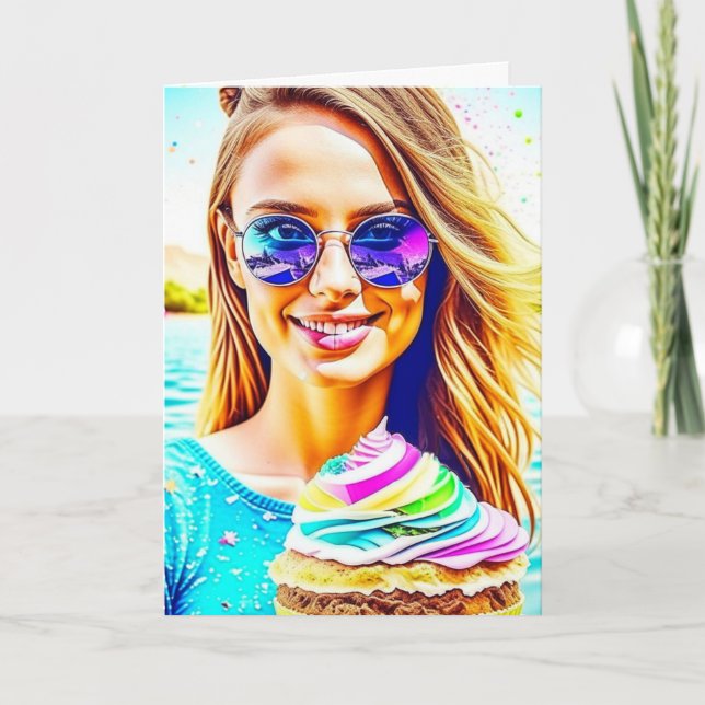 Cute Girl with Sunglasses Holding Cupcake Birthday Card (Front)