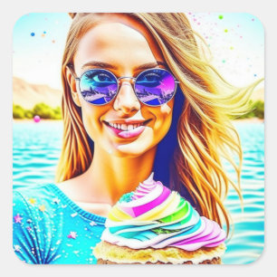 Cute Girl with Sunglasses Holding Cupcake Birthday Square Sticker