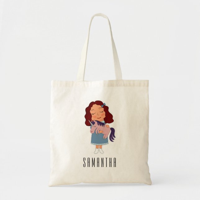 Cute Girl with Unicorn Personalised Name Kid's Tote Bag (Front)