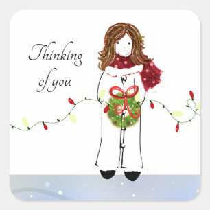 Cute Girl With Wreath and Lights Square Sticker