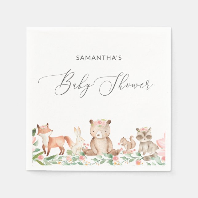 Cute Girl Woodland Animals Baby Shower Napkin (Front)